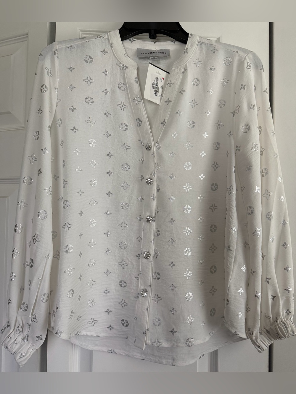 Alex & Parker White Metallic Print Button Front Blouse